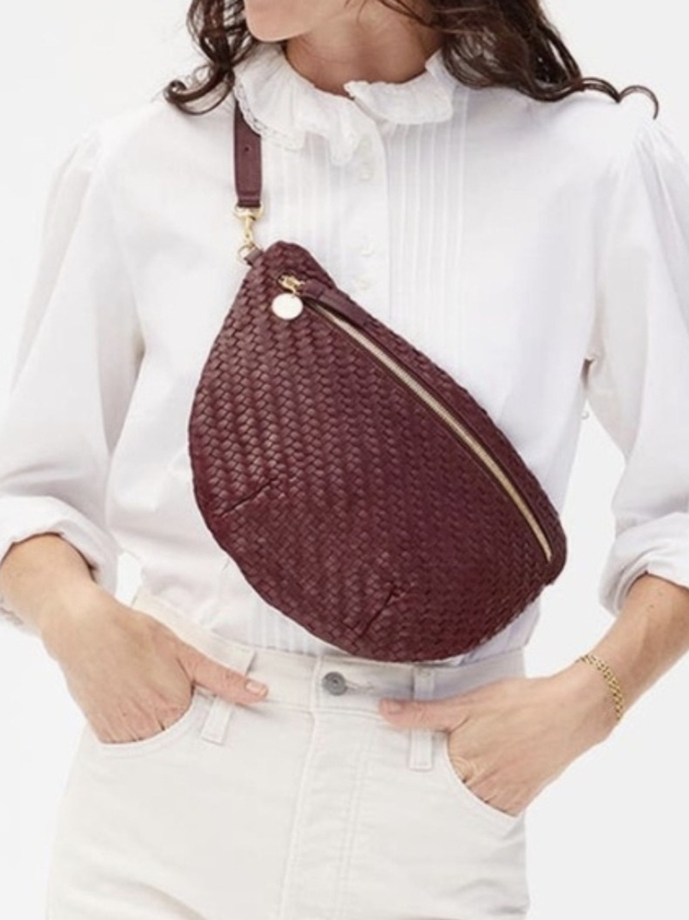 Woven Burgundy Leather Crossbody Belt Bag